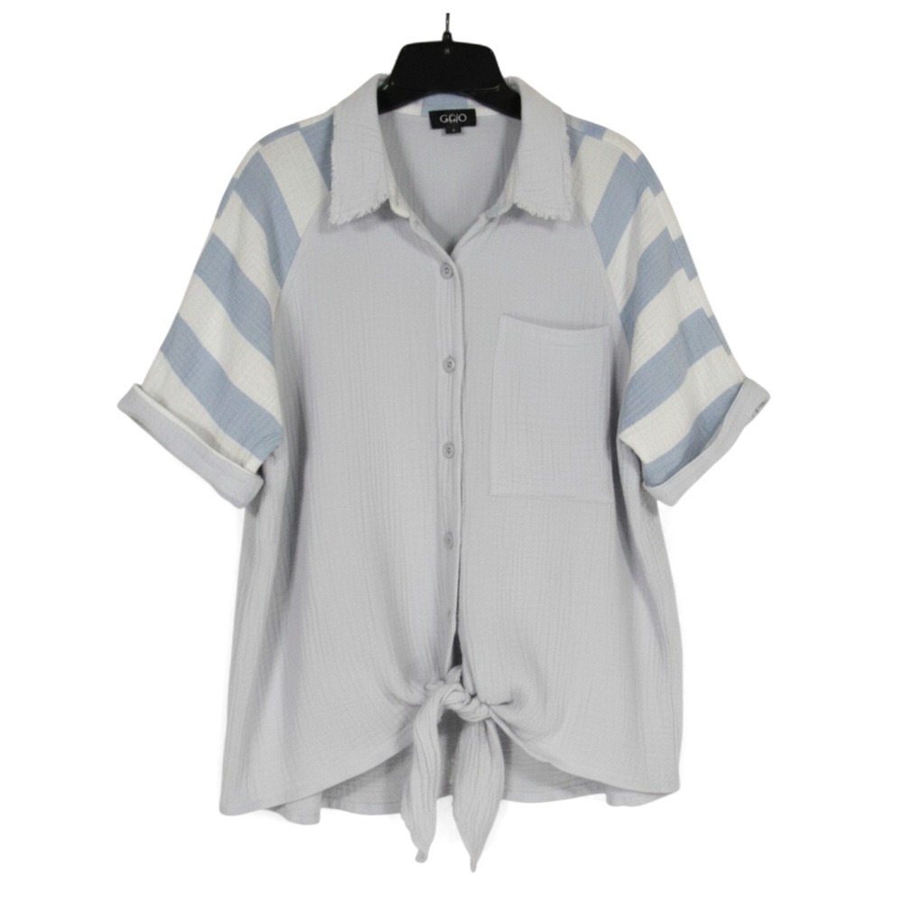 GIGIO USA Gray/Blue COLORBLOCK Button-Up TIE FRONT Gauze BLOUSE/TOP Sz S